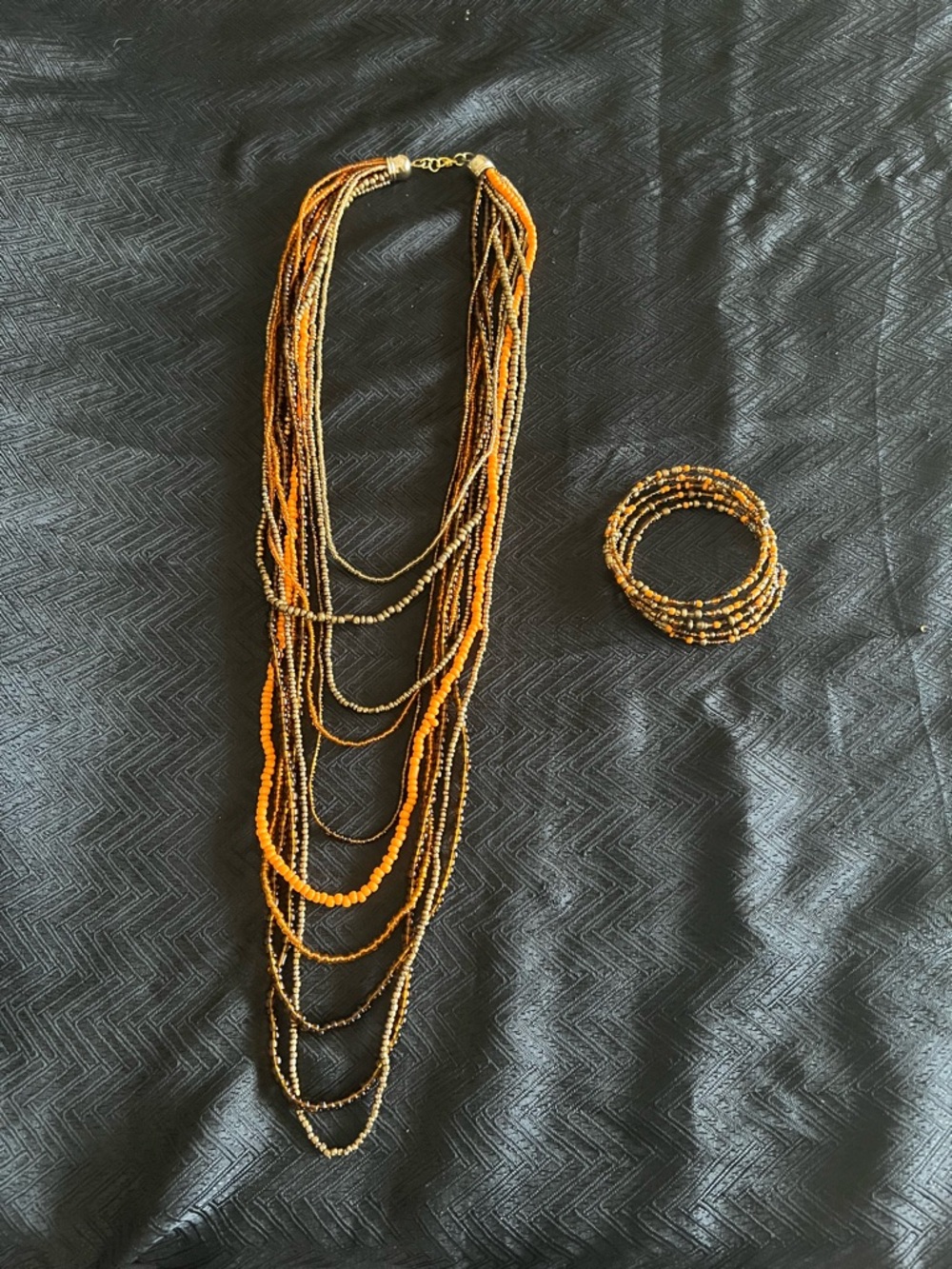 Multi-Strand Orange and Brown Beaded Necklace with Matching Bracelet